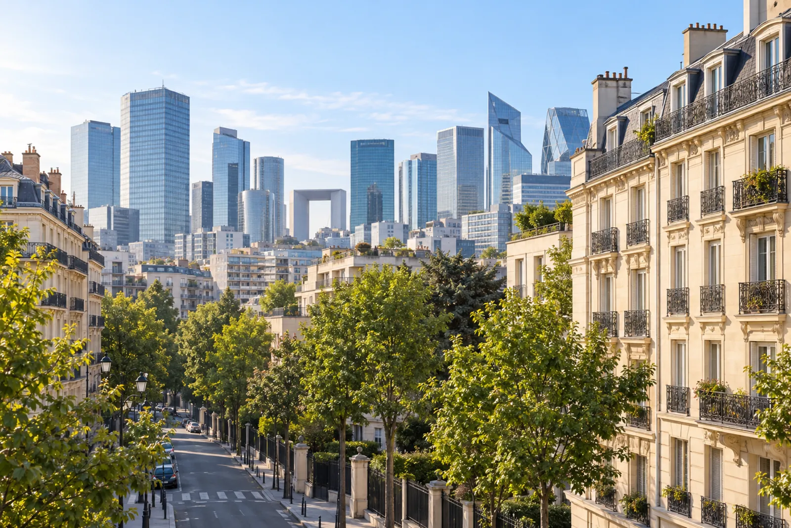 Immeubles en pierre de Puteaux et tours de La Défense en arrière-plan